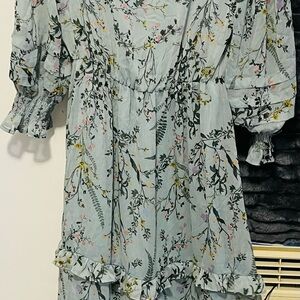 Blue Ruffled Tiered Wrap Sundress with Bishop Sleeves